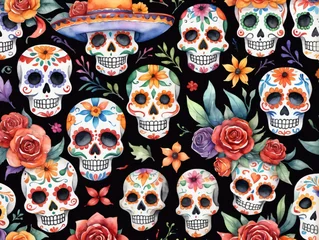 Muurstickers Schedel A Seam Of Skulls And Flowers
