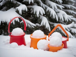 A Couple Of Buckets Sitting In The Snow
