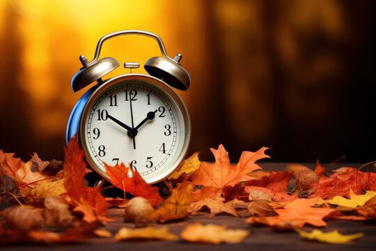 Daylight Savings Time Concept. Alarm clock in colorful autumn leaves against a blurred background