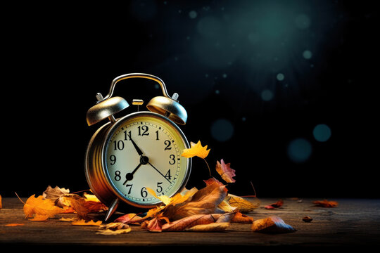 Daylight Savings Time Concept. Alarm clock in colorful autumn leaves against a dark background