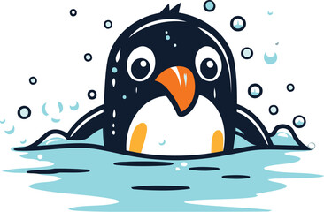 Cute cartoon penguin swimming in the water. Vector illustration.