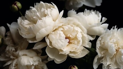 Beautiful white peonies as background, closeup view. Decor concept. Wallpaper concept. Art concept. 3d concept. Flower concept. Florist concept.