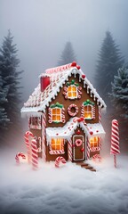 A Gingerbread House With Candy Canes And Twinkling Lights In The Fog.