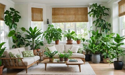 Fototapeta na wymiar Living Room With Green Houseplants And Sofas.