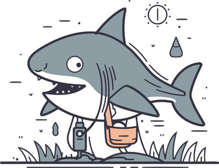 Shark fishing. Vector illustration in thin line style on white background.