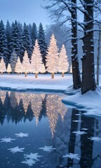 Christmas Lights Reflecting Off A Frozen Lake, The Surrounding Trees Dusted With Snow.