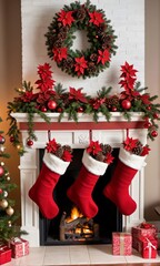 Photo Of Christmas Stockings Hanging By A Fireplace With Pinecones And Poinsettia Plants