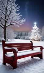 A Christmas Blanket Covering A Snowy Bench, Under Starlight.