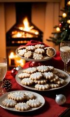 Christmas Cookies On A Plate, The Table Lit By The Warm Glow Of A Nearby Fireplace.