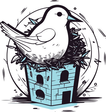 recommend clip art: Hand drawn vector illustration of a bird sitting in a birdhouse.