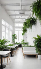 White Cafeteria Interior Adorned With Plants And Sofas.