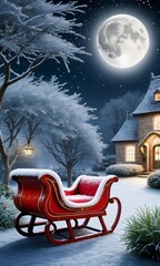 A Christmas Sleigh In A Garden, The Frosty Grass Sparkling Under The Moonlight.