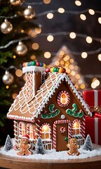 Photo Of Christmas Gingerbread House With Fairy Lights And A Pile Of Gifts Outside