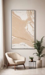 Beige Lounge Chair Against A Marble Wall With An Abstract Poster In A Minimalist Living Room.