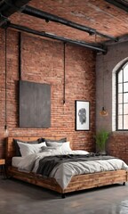 Industrial Loft Interior Design Of A Modern Bedroom With A Wooden Bed Near A Brick Wall.
