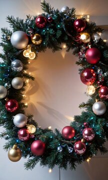 Photo Of Christmas Wreath Intertwined With Icicles, Baubles, And Fairy Lights