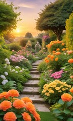 Fototapeta na wymiar A Charming Garden Filled With Blooming Flowers And Lush Greenery, Under The Enchanting Light Of A Golden Sunset.