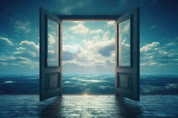 An open door reveals a surreal, beautiful landscape under a cloud-filled sky.