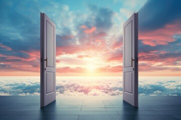 An open door reveals a breathtaking sunrise above the clouds.