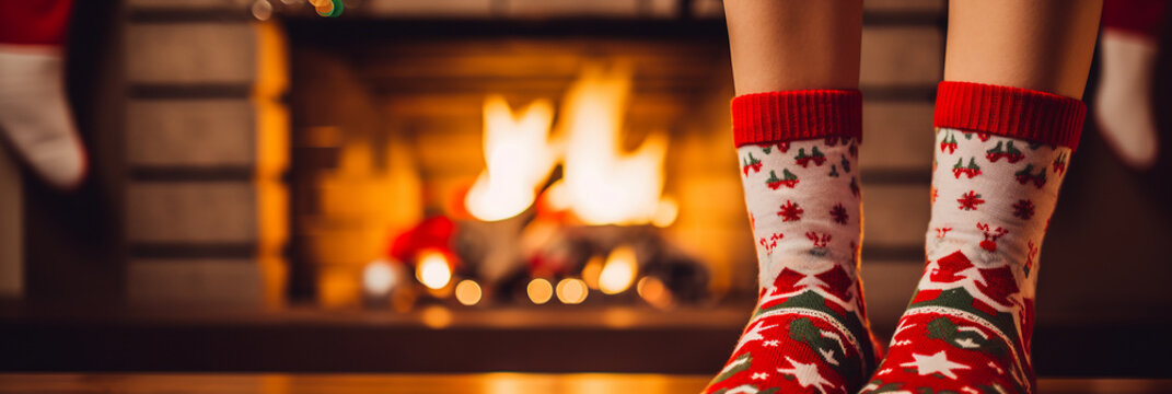Legs in warm socks near fireplace at home
