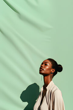 An African model on pastel green background.