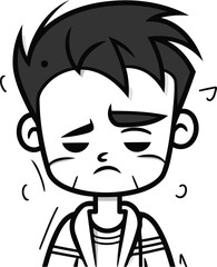 Sad boy cartoon character vector illustration. Black and white angry boy icon.
