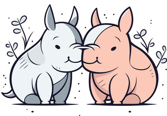 Cute cartoon animals. Vector illustration of a rabbit and a pig.