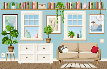Living room interior design with blue walls, a sofa, a bookshelf, a dresser, two windows, and houseplants. Cozy living room interior design. Cartoon vector illustration © naddya