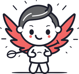 Fototapeta premium Cute little boy with angel wings. Vector line art illustration.