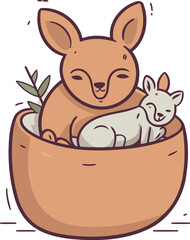 Cute kangaroo in a basket. Vector illustration in cartoon style.