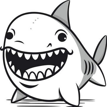 Shark cartoon character. Vector illustration of a funny shark. Black and white