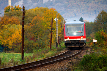 Passenger train on Vadu Crsiului railway, Occidental Carpathians, Romania, Europe - obrazy, fototapety, plakaty