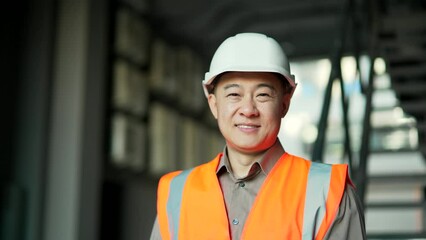 Close up portrait of a smiling asian professional engineer wearing safety helmet and vest standing at factory. Headshot of confident positive industry manager inspector in uniform looking at camera