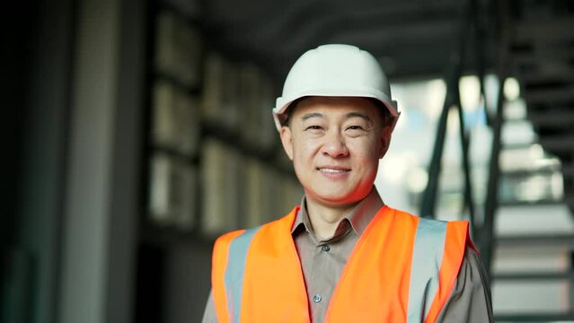 Close up portrait of a smiling asian professional engineer wearing safety helmet and vest standing at factory. Headshot of confident positive industry manager inspector in uniform looking at camera