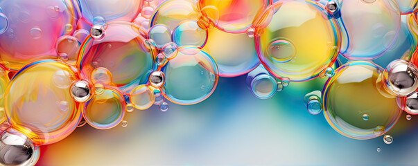 Rainbow bubbles very colorful. Macro photo.  Panorama picture.