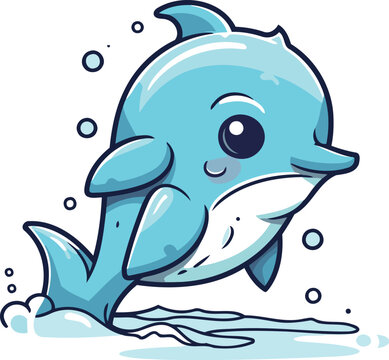 Cute cartoon dolphin jumping out of the water. vector illustration.