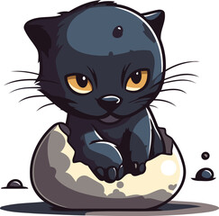 Cute cartoon black cat sitting in an egg. Vector illustration.