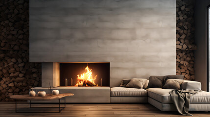 Un salon moderne avec un canapé confortable et un feu de cheminée, bordé par une pile de bûches de bois. - obrazy, fototapety, plakaty