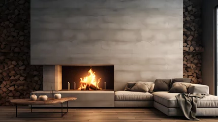 Fotobehang Un salon moderne avec un canapé confortable et un feu de cheminée, bordé par une pile de bûches de bois. © Gautierbzh