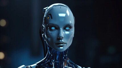AI Shadows: Humanoid Robot Aglow with Blue Light in the Depths of Darkness. - obrazy, fototapety, plakaty