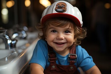 little boy dressed as a plumber - obrazy, fototapety, plakaty
