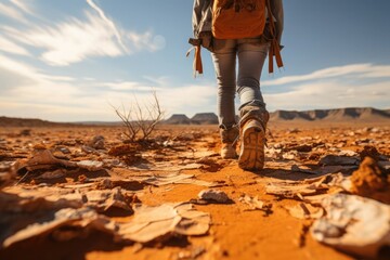 hiker walking along a path in the middle of the desert - obrazy, fototapety, plakaty