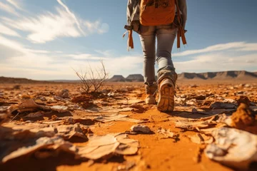 Fotobehang hiker walking along a path in the middle of the desert © Rafa