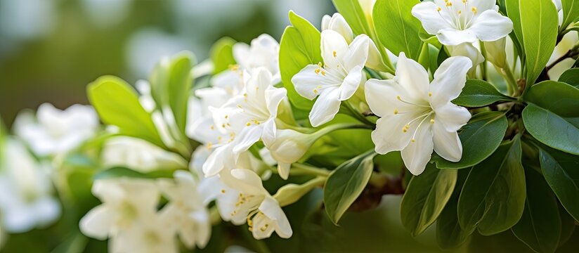 Selective focus and shallow depth of field capture the beauty of white flowers on a mock orange shrub complemented by a bokeh background in a macro shot