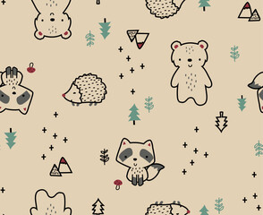 seamless pattern with racoon and bear, Cute Porcupine, Cute bear, Cute racoon vector, forest friends pattern