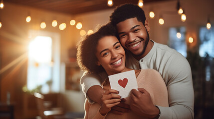 Smiling afro american couple hugging each other and holding a card given for Valentine's Day. Relationship concept - Powered by Adobe