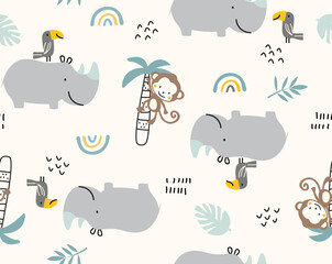 Seamless pattern with jungle, cute monkey, cute rhino with bird, jungle pattern