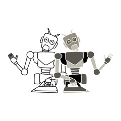 colorful and line art illustration of two robots ironing for icon or logo