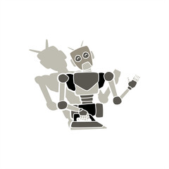 colorful illustration with shadow behind of a robot ironing for icon or logo