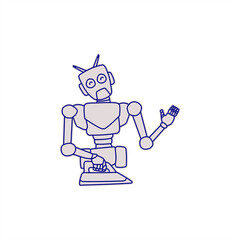 line art illustration of a robot ironing for sticker template